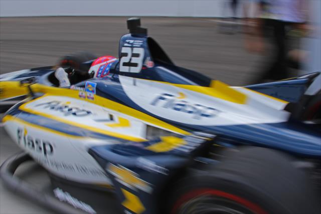 Charlie Kimball peels out of pit lane to start his qualification attempt for the 102nd Indianapolis 500 at the Indianapolis Motor Speedway -- Photo by: Mike Harding