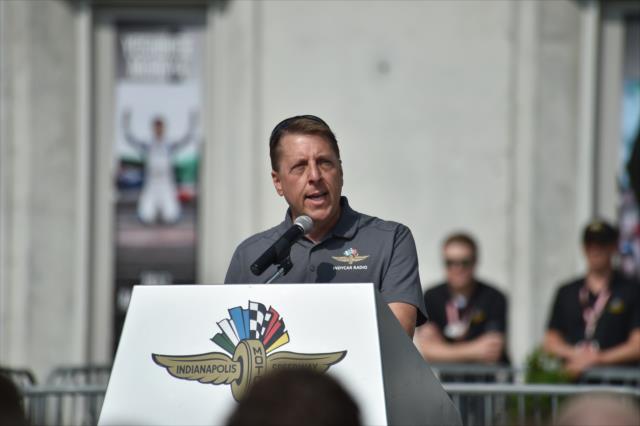 Michael Young introduces honored guests during Armed Services Day at the Indianapolis Motor Speedway -- Photo by: Mike Young