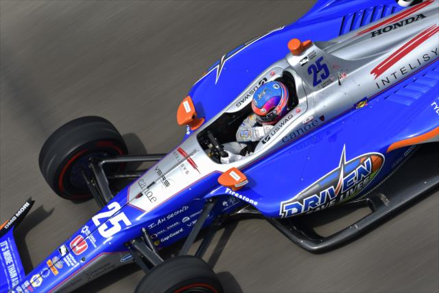 Stefan Wilson streaks down the frontstretch during his qualification attempt for the 102nd Indianapolis 500 at the Indianapolis Motor Speedway -- Photo by: Walter Kuhn