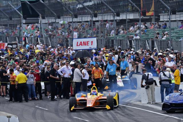 Zach Veach pulls out of pit lane to start his qualification attempt for the 102nd Indianapolis 500 at the Indianapolis Motor Speedway -- Photo by: Walter Kuhn