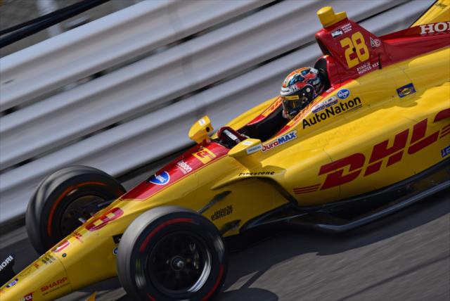 Ryan Hunter-Reay streaks down the frontstretch during his qualification attempt for the 102nd Indianapolis 500 at the Indianapolis Motor Speedway -- Photo by: Walter Kuhn