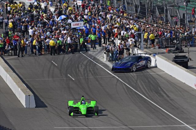Danica Patrick pulls out of pit lane to start his qualification attempt for the 102nd Indianapolis 500 at the Indianapolis Motor Speedway -- Photo by: Walter Kuhn