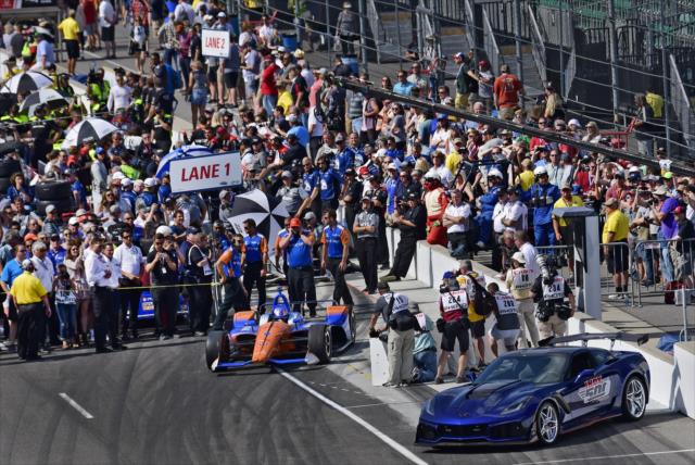 Scott Dixon pulls out of pit lane to start his qualification attempt for the 102nd Indianapolis 500 at the Indianapolis Motor Speedway -- Photo by: Walter Kuhn