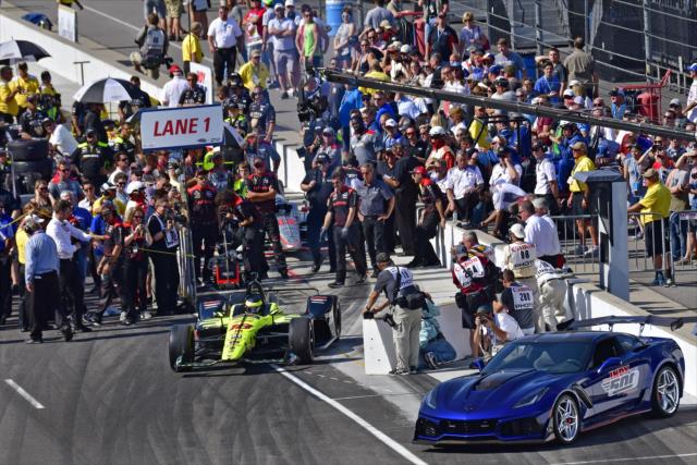 Sebastien Bourdais pulls out of pit lane to start his qualification attempt for the 102nd Indianapolis 500 at the Indianapolis Motor Speedway -- Photo by: Walter Kuhn
