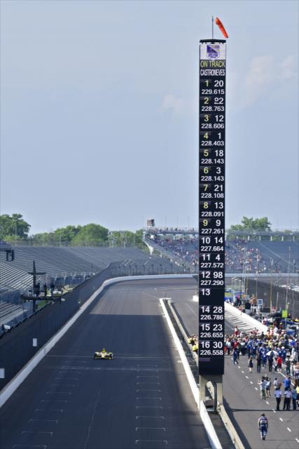 Helio Castroneves speeds down the fronstretch during his qualification attempt for the 102nd Indianapolis 500 at the Indianapolis Motor Speedway -- Photo by: Walter Kuhn
