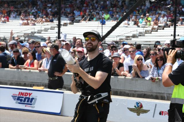 James Hinchcliffe fires off the t-shirt cannon from pit lane during the pit stop competition on Miller Lite Carb Day at the Indianapolis Motor Speedway -- Photo by: Chris Jones