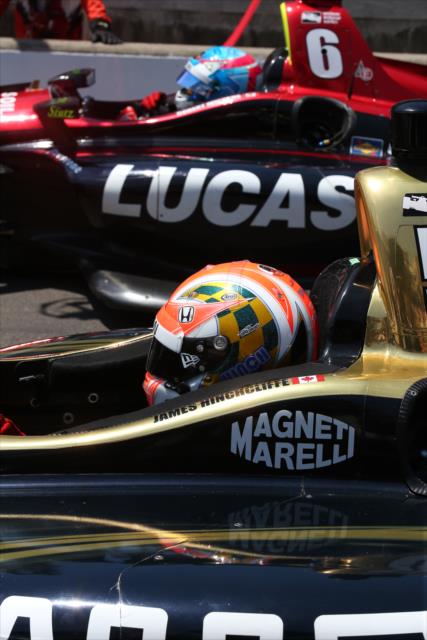 Robert Wickens and James Hinchcliffe on the starting line for their duel in the pit stop competition during Miller Lite Carb Day at the Indianapolis Motor Speedway -- Photo by: Chris Jones