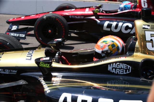 Robert Wickens and James Hinchcliffe on the starting line for their duel in the pit stop competition during Miller Lite Carb Day at the Indianapolis Motor Speedway -- Photo by: Chris Jones
