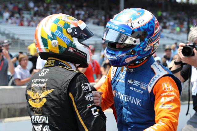 Scott Dixon is congratulated by James Hinchcliffe after winning the 2018 pit stop competition on Miller Lite Carb Day at the Indianapolis Motor Speedway -- Photo by: Chris Jones
