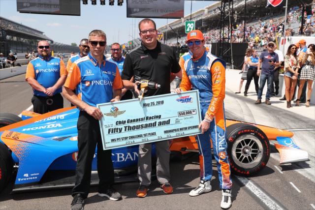 Scott Dixon accepts the 2018 pit stop competition award on behalf of Chip Ganassi Racing during Miller Lite Carb Day at the Indianapolis Motor Speedway -- Photo by: Chris Jones