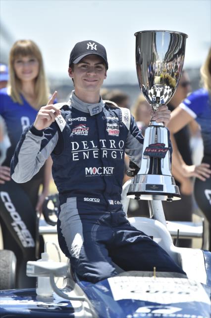 Colton Herta wins the 2018 Freedom 100 at the Indianapolis Motor Speedway -- Photo by: Chris Owens