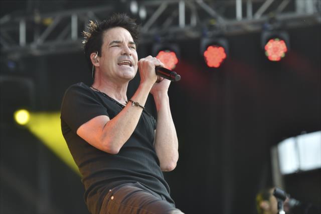 Patrick Monahan of Train performs on stage during the Miller Lite Carb Day concert on the infield at the Indianapolis Motor Speedway -- Photo by: Chris Owens