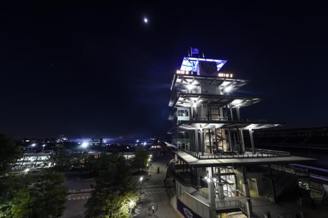 The Indianapolis Motor Speedway pagoda lights up the Indiana sky prior to Miller Lite Carb Day at the Indianapolis Motor Speedway -- Photo by: Chris Owens