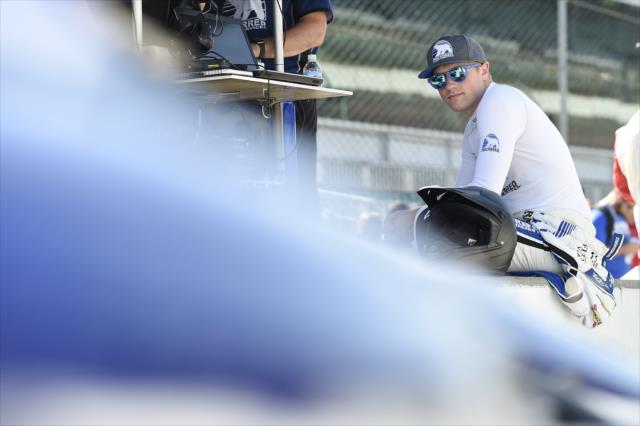 Spencer Pigot looks over his No. 21 Preferred Freezer Services Chevrolet on pit lane prior to the final practice for the 102nd Indianapolis 500 on Miller Lite Carb Day at the Indianapolis Motor Speedway -- Photo by: Chris Owens