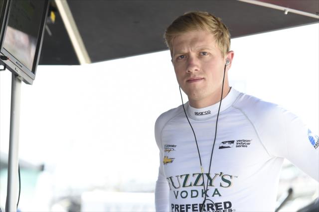 Spencer Pigot waits in his pit stand prior to the start of the final practice for the 102nd Indianapolis 500 -- Photo by: Chris Owens
