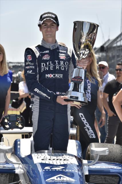 Colton Herta wins the 2018 Freedom 100 at the Indianapolis Motor Speedway -- Photo by: Chris Owens