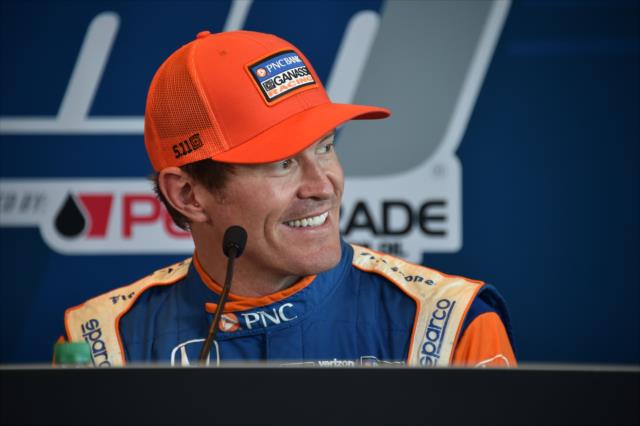 Scott Dixon unveils the teaser trailer for the movie 'Born Racer' during an availability at the Indianapolis Motor Speedway -- Photo by: Dana Garrett