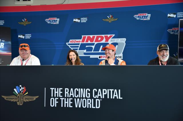 Chip Ganassi, Emma Dixon, and Scott Dixon unveil the teaser trailer for the movie 'Born Racer' during an availability at the Indianapolis Motor Speedway -- Photo by: Dana Garrett