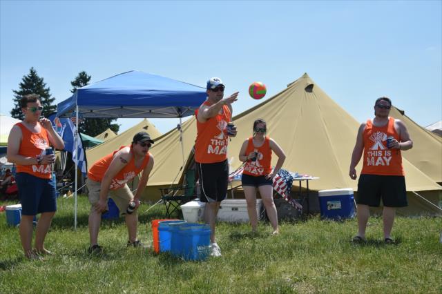 Fans enjoy some large-scale beer pong in the glamping campground on the infield during Miller Lite Carb Day at the Indianapolis Motor Speedway -- Photo by: Dana Garrett