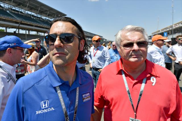 Dario Franchitti and his father, George, watch the 2018 pit stop competition on Miller Lite Carb Day at the Indianapolis Motor Speedway -- Photo by: John Cote