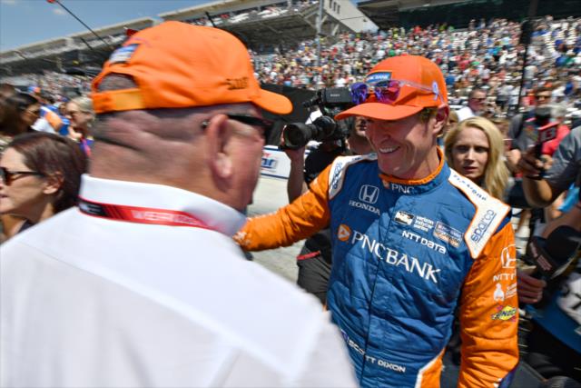 Chip Ganassi congratulates Scott Dixon on pit lane after winning the 2018 pit stop competition during Miller Lite Carb Day at the Indianapolis Motor Speedway -- Photo by: John Cote