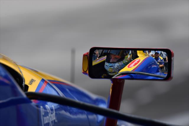 The reflection of Alexander Rossi in the starting blocks prior to his run during the pit stop competition on Miller Lite Carb Day at the Indianapolis Motor Speedway -- Photo by: John Cote