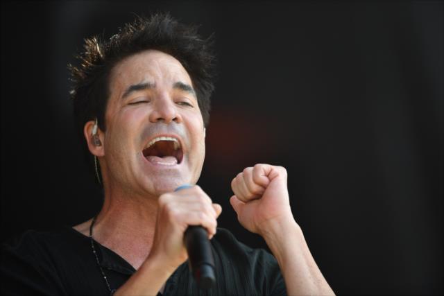 Patrick Monahan of Train performs on stage during the Miller Lite Carb Day concert on the infield at the Indianapolis Motor Speedway -- Photo by: John Cote