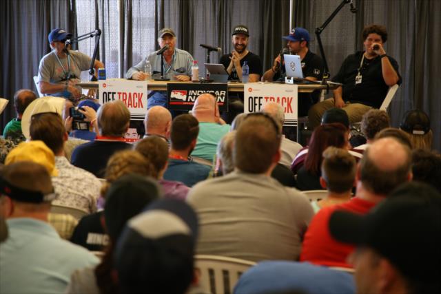 James Hinchcliffe and Alexander Rossi on stage with local radio personalities Bob & Tom during a live taping of their podcast at the Indianapolis Motor Speedway -- Photo by: Matt Fraver