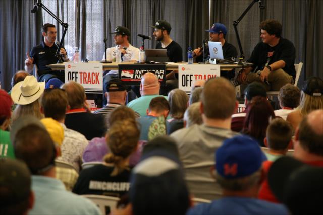James Hinchcliffe and Alexander Rossi are joined by Simon Pagenaud and Conor Daly on stage during a live taping of their podcast at the Indianapolis Motor Speedway -- Photo by: Matt Fraver
