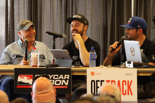 James Hinchcliffe and Alexander Rossi are joined by syndicated radio host Tom Griswold (of Bob & Tom) on stage during a live taping of their podcast at the Indianapolis Motor Speedway -- Photo by: Matt Fraver