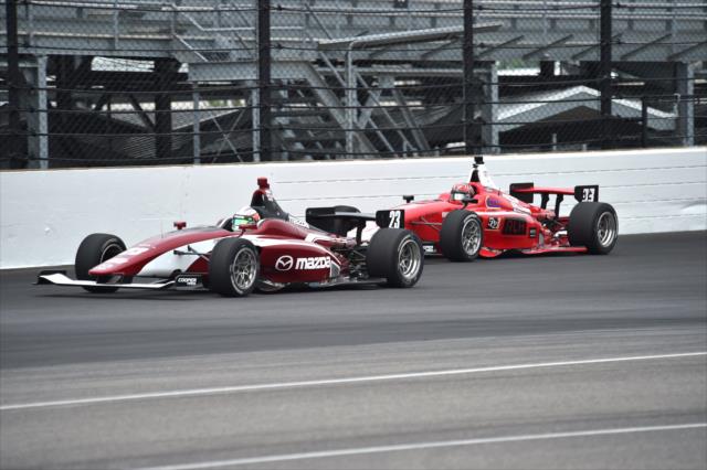 Victor Franzoni and Chris Windom on track during practice for the 2018 Freedom 100 at the Indianapolis Motor Speedway -- Photo by: Mike Young