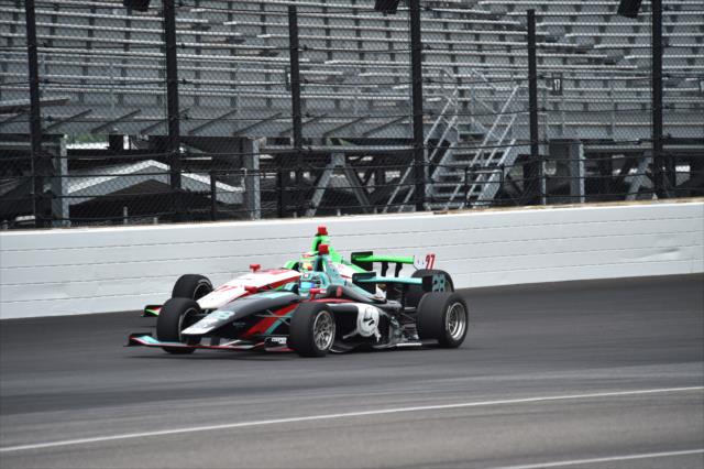 Dalton Kellett and Pato O'Ward sail down the frontstretch during the 2018 Freedom 100 at the Indianapolis Motor Speedway -- Photo by: Mike Young