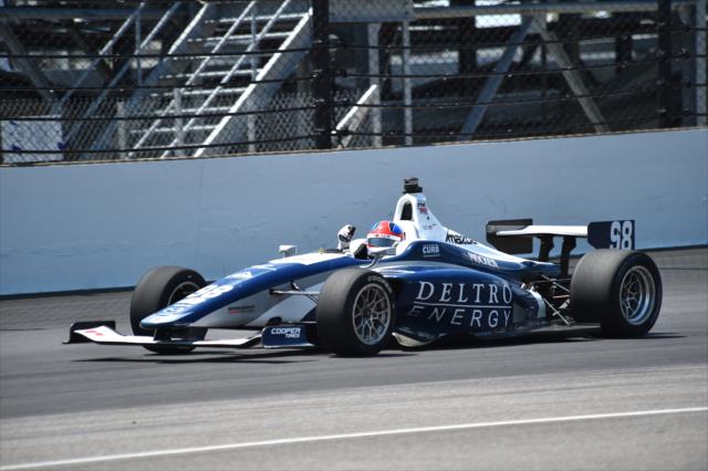 Colton Herta begins the celebration after winning the 2018 Freedom 100 at the Indianapolis Motor Speedway -- Photo by: Mike Young