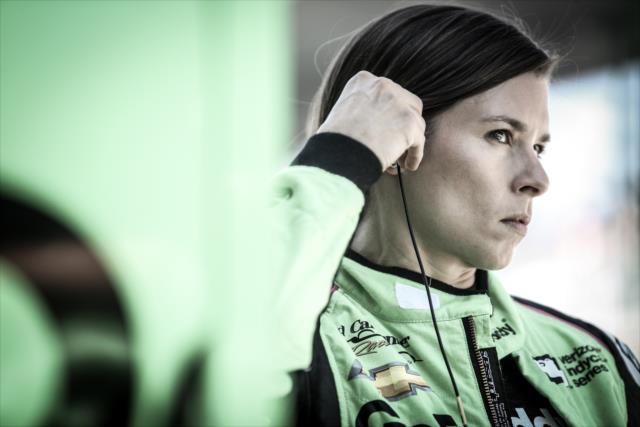 Danica Patrick sets her earpieces along pit lane prior to the final practice for the 102nd Indianapolis 500 on Miller Lite Carb Day at the Indianapolis Motor Speedway -- Photo by: Shawn Gritzmacher