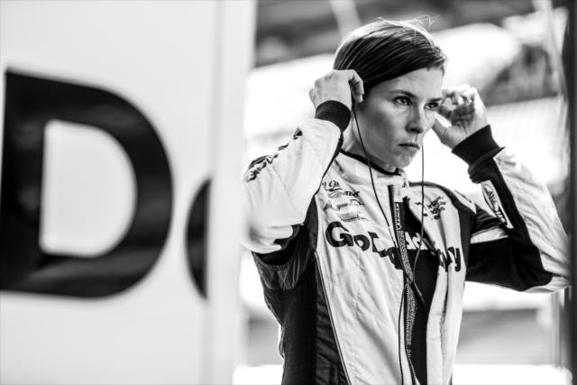 Danica Patrick sets her earpieces along pit lane prior to the final practice for the 102nd Indianapolis 500 on Miller Lite Carb Day at the Indianapolis Motor Speedway -- Photo by: Shawn Gritzmacher