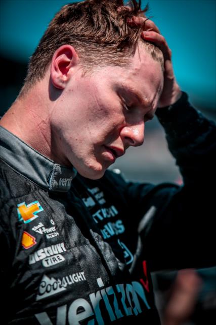 A tired Josef Newgarden on pit lane following the final practice on Miller Lite Carb Day at the Indianapolis Motor Speedway -- Photo by: Shawn Gritzmacher