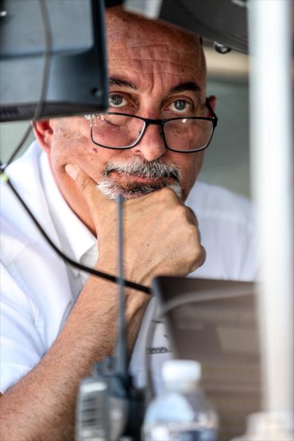 Bobby Rahal reviews data in his timing stand during the final practice on Miller Lite Carb Day at the Indianapolis Motor Speedway -- Photo by: Shawn Gritzmacher