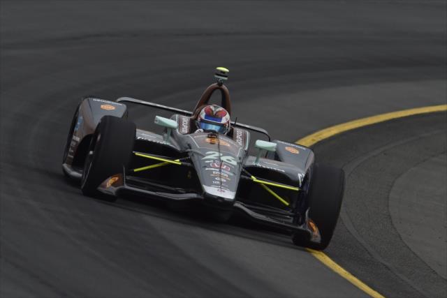 Zach Veach hits the apex of Turn 3 during practice for the ABC Supply 500 at Pocono Raceway -- Photo by: Chris Owens