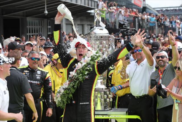 Simon Pagenaud celebrates in Victory Lane after winning the 103rd Running of the Indianapolis 500 presented by Gainbridge -- Photo by: Chris Jones