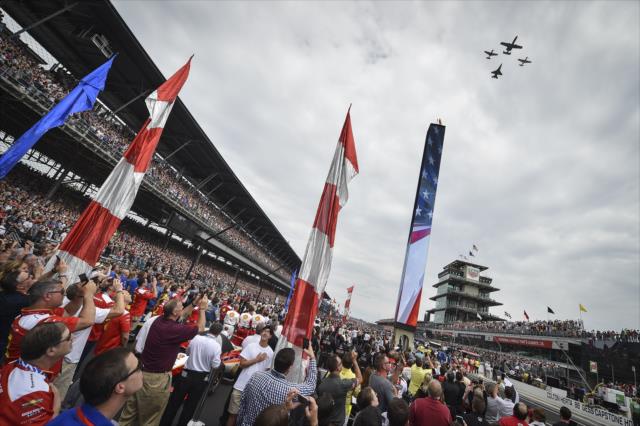 U.S. Air Force jets complete a flyover of Indianapolis Motor Speedway during pre-race festivities -- Photo by: Chris Owens