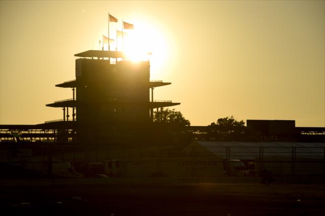 The sun rises over the IMS Pagoda on the morning of the 103rd Running of the Indianapolis 500 presented by Gainbridge. -- Photo by: Chris Owens