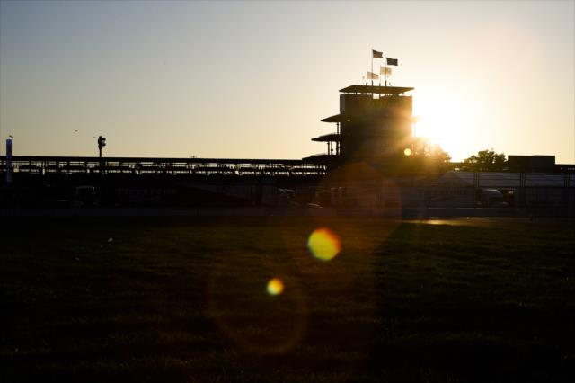 The sun rises over the IMS Pagoda on the morning of the 103rd Running of the Indianapolis 500 presented by Gainbridge. -- Photo by: Chris Owens