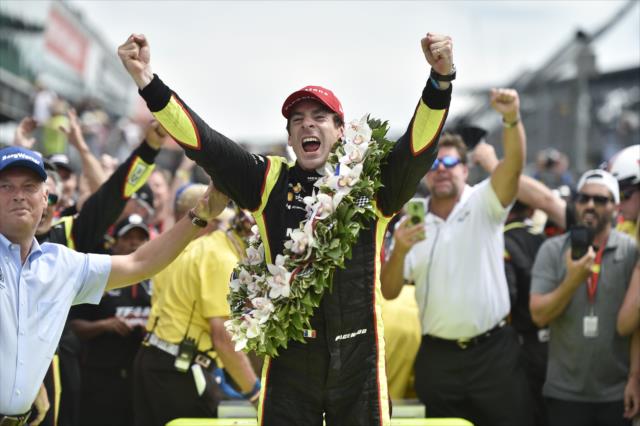 Simon Pagenaud celebrates in Victory Circle after winning the 103rd Indianapolis 500 presented by Gainbridge -- Photo by: Chris Owens