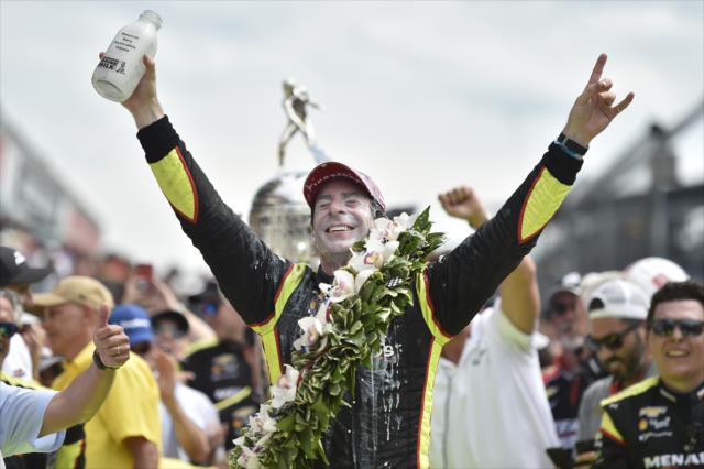 Simon Pagenaud celebrates in Victory Circle after winning the 103rd Indianapolis 500 presented by Gainbridge -- Photo by: Chris Owens