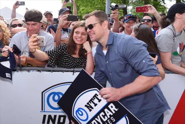 Matt Damon takes a selfie with a fan on the red carpet at the 103rd Running of the Indianapolis 500 presented by Gainbridge -- Photo by: James  Black