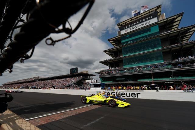 Simon Pagenaud stopped on the Yard of Bricks after winning the 103rd Running of the Indianapolis 500 presented by Gainbridge -- Photo by: Joe Skibinski