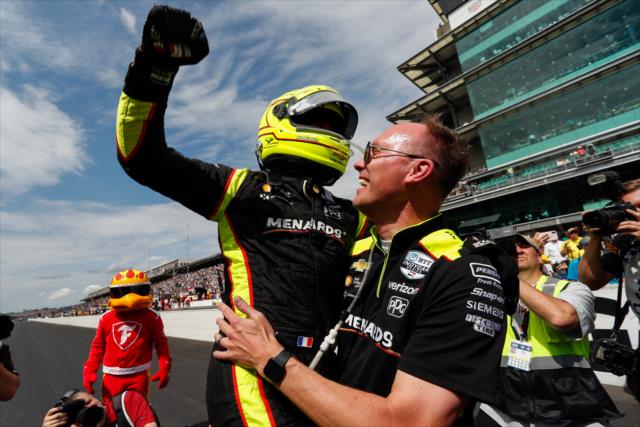 Simon Pagenaud celebrates with his team after winning the 103rd Running of the Indianapolis 500 presented by Gainbridge -- Photo by: Joe Skibinski