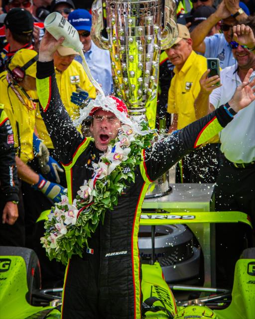 Simon Pagenaud celebrates in Victory Circle after winning the 103rd Running of the Indianapolis 500 presented by Gainbridge -- Photo by: Karl Zemlin