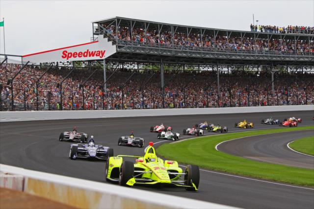 Simon Pagenaud leading the field of 33 in the 103rd Indianapolis 500 presented by Gainbridge -- Photo by: Mike Harding