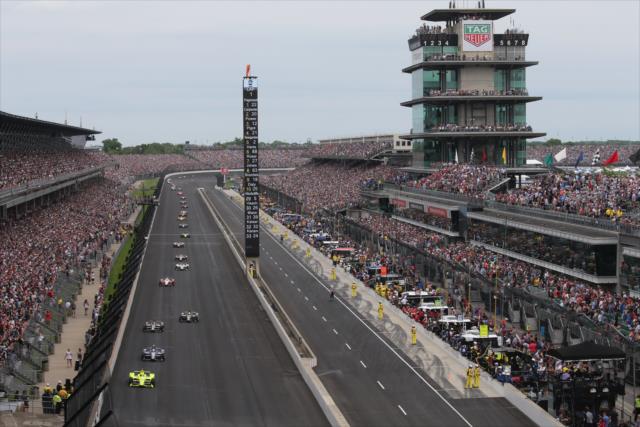 Simon Pagenaud leads the field during the opening laps of the 103rd Running of the Indianapolis 500 presented by Gainbridge -- Photo by: Richard Dowdy